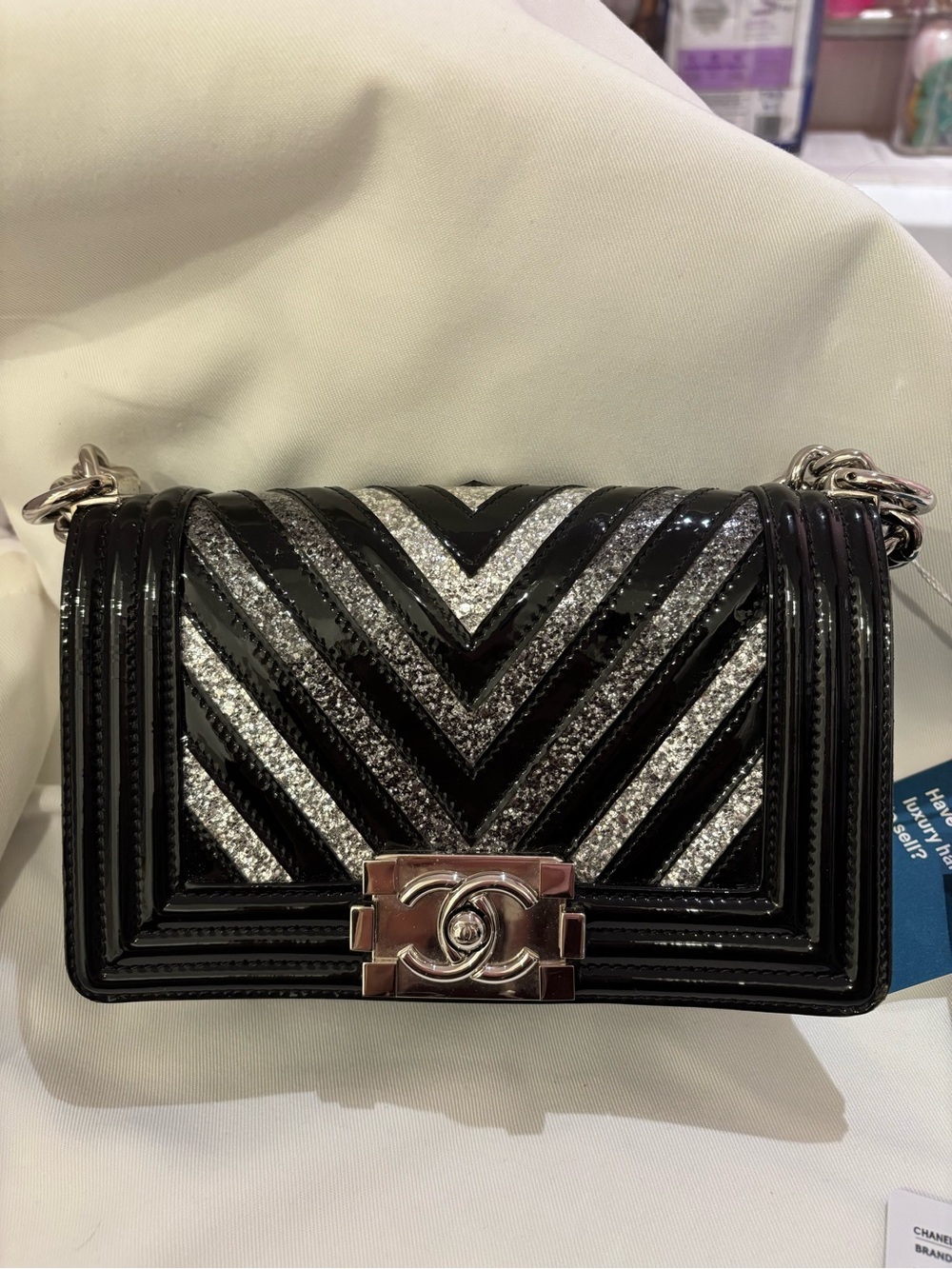 Stunning Chanel Chevron Quilted Boy Bag in Black & Silver